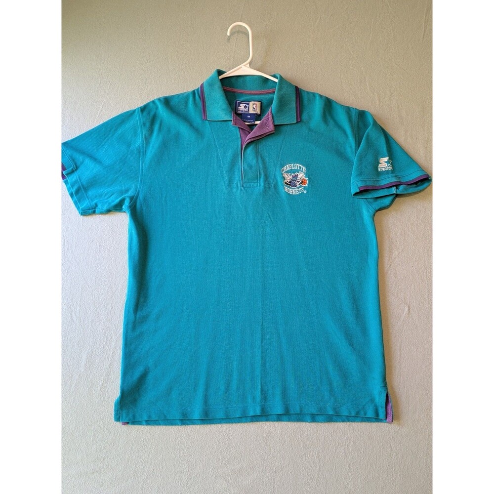 Vintage 90s Charlotte Hornets Starter Polo Shirt Mens M Teal Purple NBA Pique